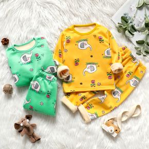 100% Cotton 2pcs Elephant and Floral Allover Fleece-lining Long-sleeve Top and Pants Yellow or Green Toddler Pajamas Set