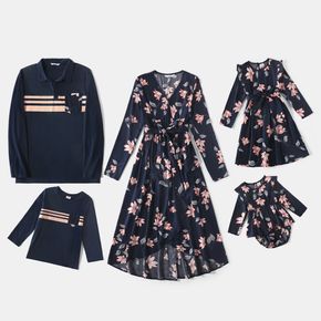 Family Matching All Over Floral Print Blue Long-sleeve Belted Dresses and Striped Tops Sets