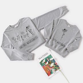 Floral Pattern Letter Print Grey Long-sleeve Sweatshirts for Mom and Me