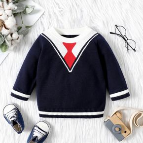 Baby Gentleman Neck Tie Pattern Blue Long-sleeve Knitted Sweater Pullover