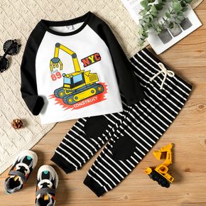 2-piece Toddler Boy Vehicle Letter Print Long Raglan Sleeve Tee and Stripe Pants Set