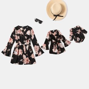 Floral Print Long-sleeve Wrap Belted Romper Shorts for Mom and Me