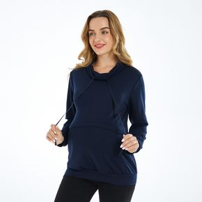 Maternity Deep Blue Long-sleeve Kangaroo Pocket Drawstring Sweatshirt