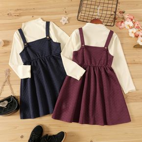 2-piece Kid Girl Mock Neck Long-sleeve Ribbed Top and Solid Color Overall Dress Set