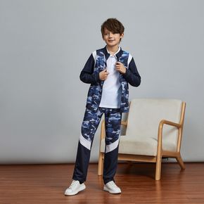 2-piece Kid Boy Camouflage Print Colorblock Zipper Jacket and Pants Set