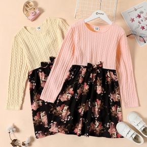 Kid Girl Bowknot Design Cable Knit Textured Floral Print Splice Long-sleeve Dress