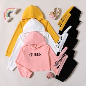 2-piece Kid Girl Letter Print Hoodie Sweatshirt and Colorblock Pants Set