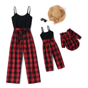 Christmas Red Plaid Splicing Black Sleeveless Cami Jumpsuit for Mom and Me