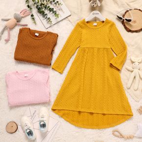 Pretty Kid Girl Solid Color Cable Knit High Low Long-sleeve Dress