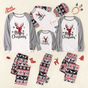 Christmas Reindeer and Letter Print Family Matching Grey Raglan Long-sleeve Pajamas Sets (Flame Resistant)