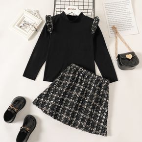 2-piece Elegant Kid Girl Ruffled Mock Neck Long-sleeve Tee and Plaid Tweed A-line Skirt Set