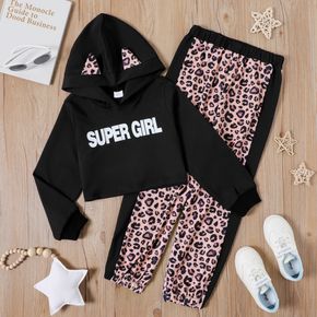 2-piece Kid Girl Letter Print Ear Design Hoodie Sweatshirt and Leopard Print Pants Set