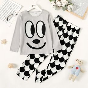 2-piece Kid Boy Face Emojis Print Long-sleeve Tee and Allover Print Pants Pajamas Lounge Set