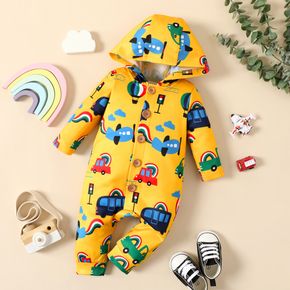 Baby Boy All Over Vehicle Rainbow and Cloud Print Yellow Button Long-sleeve Hooded Jumpsuit