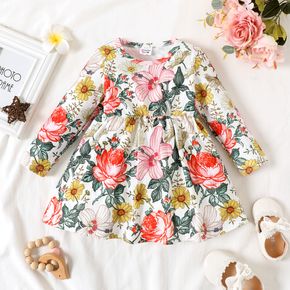 Baby Girl All Over Floral Print Round Neck Long-sleeve Dress