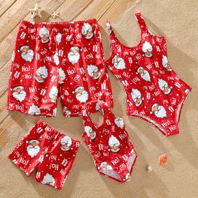 Christmas Allover Santa Claus Print Red Family Matching Sleeveless Bodysuits and Shorts Swimwear Sets