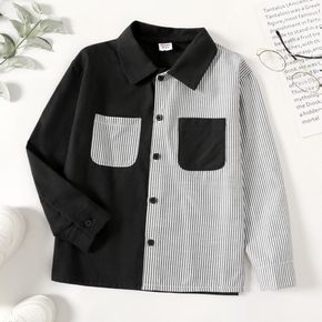 Kid Boy Lapel Collar Button Design Stripe Two Tone Long-sleeve Shirt