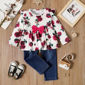 2-piece Toddler Girl Ruffled Bowknot Design Floral Print Long-sleeve Top and Ripped Denim Jeans Set