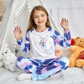 2-piece Kid Girl Tie Dye Unicorn Print Long-sleeve Tee and Pants Pajamas Lounge Set