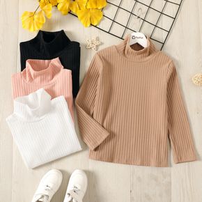 Kid Girl Turtleneck Solid Color Long-sleeve Ribbed Tee