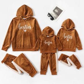 Letter Embroidered Brown Long-sleeve Hoodies with Pants Sets for Mom and Me