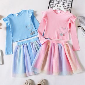 2-piece Kid Girl Heart Embroidered Ruffled Ribbed Long-sleeve Top and Colorful Mesh Skirt Set