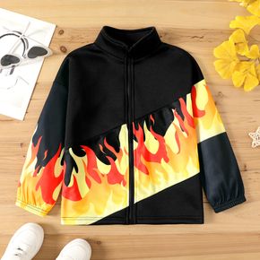 Kid Boy Fire Flame Print Zipper Stand Collar Fuzzy Coat