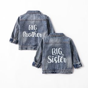 Light Blue Lapel Button Down Long-sleeve Distressed Denim Jacket for Siblings