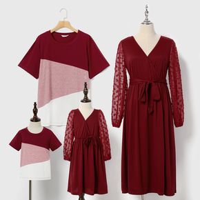 Family Matching Swiss Dot Long-sleeve Belted Wrap Dress and Color Block T-shirts Sets