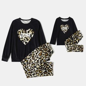 Mother's Day Love Heart Letter Print Black Long-sleeve Sweatshirt with Leopard Pants Sets for Mom and Me