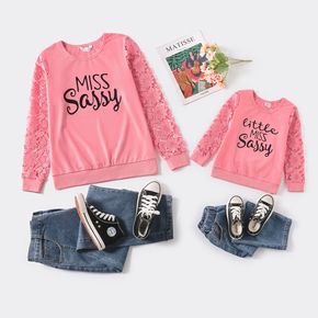 Letter Print Pink Splicing Lace Long-sleeve Sweatshirts for Mom and Me