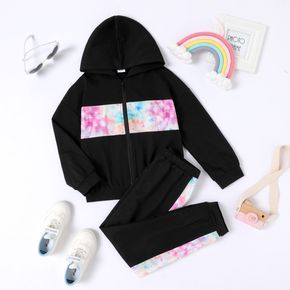 2-piece Kid Girl Tie Dye Colorblock Zipper Hooded Jacket and Pants Set