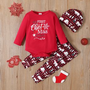 Christmas 3pcs Baby Boy/Girl Letter Print Red Long-sleeve Romper and Plaid Trousers Set