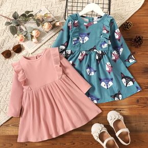 Toddler Girl Ruffled Fox Print/Pink Ribbed Long-sleeve Dress