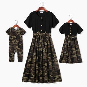 Camouflage Print Splicing Short-sleeve Belted Dress for Mom and Me