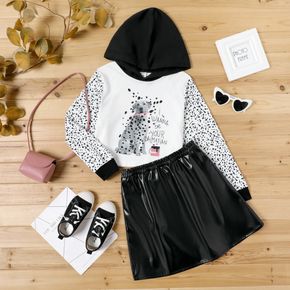2-piece Kid Girl Letter Dog Dot Print Hoodie Sweatshirt and PU Faux Leather Skirt Set