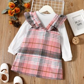 2-piece Toddler Girl Long-sleeve White Top and Ruffled Plaid Overall Dress Set