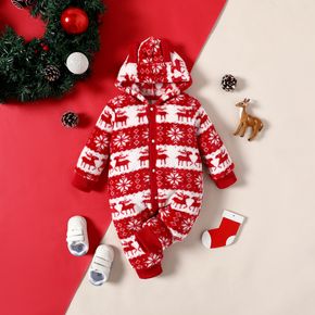 Baby Boy Christmas Deer Snowflake Pattern Colorblock Fuzzy Hooded Jumpsuit