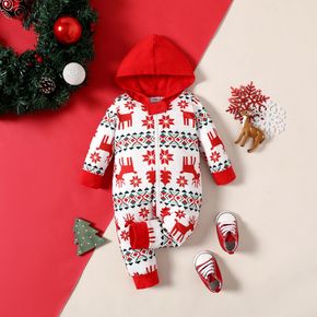 Christmas Baby All Over Red Reindeer Print Long-sleeve Hooded Zip Jumpsuit