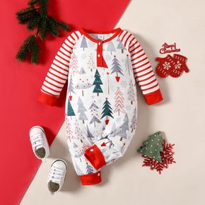 Christmas All Over Tree Print Red Striped Long-sleeve Baby Jumpsuit