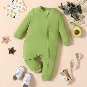 Baby Girl Ribbed Green/White Avocado Print Long-sleeve Zip Jumpsuit