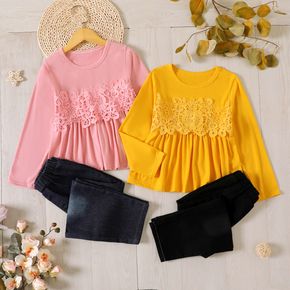 2-piece Kid Girl Floral Lace Design Long-sleeve Top and Denim Jeans Set