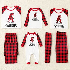 Christmas Red Plaid Dinosaur and Letter Print Snug Fit Family Matching Long-sleeve Pajamas Sets