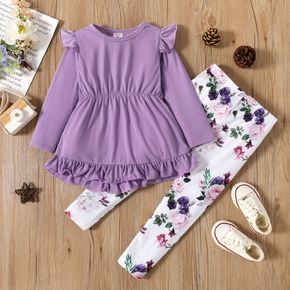 2-piece Toddler Girl Ruffled Waisted Long-sleeve Purple Top and Floral Print Leggings Set
