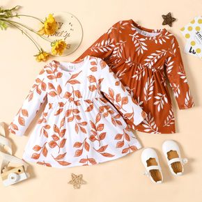 Baby Girl All Over Leaves Print Round Neck Long-sleeve Dress