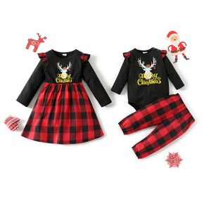Christmas Deer and Letter Print Red Plaid Sibling Matching Long-sleeve Sets
