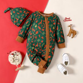 Baby Girl/ Boy Christmas Deer Floral Print Zipper Long-sleeve Jumpsuit