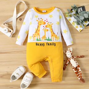 Baby Girl Cartoon Giraffe Family and Letter Print Yellow Star Pattern Long-sleeve Jumpsuit