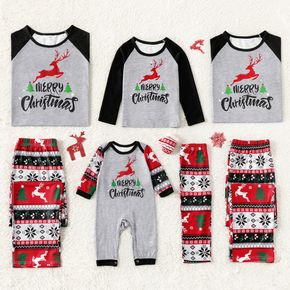 Christmas Reindeer and Letter Print Family Matching Black Raglan Long-sleeve Pajamas Sets (Flame Resistant)