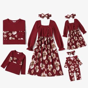 Family Matching Dark Red Square Neck Long-sleeve Splicing Floral Print Dresses and T-shirts Sets